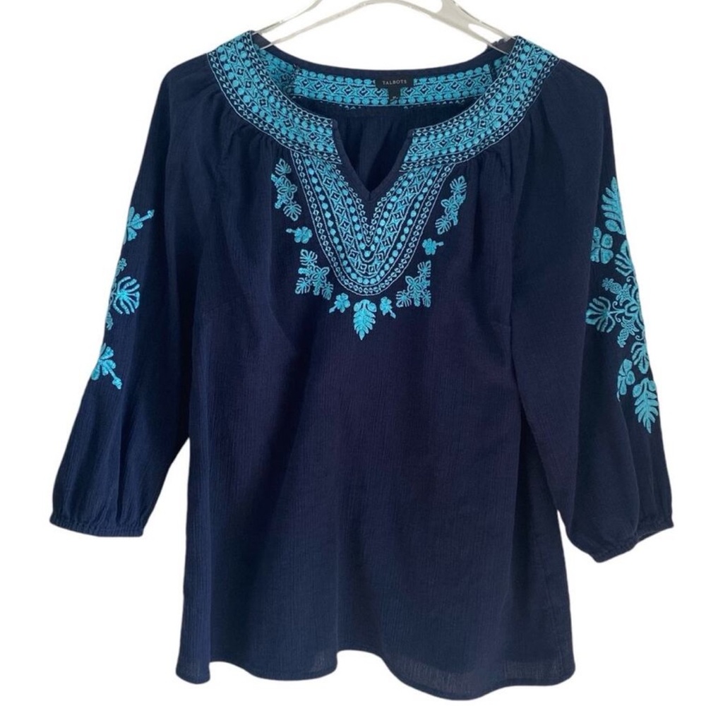 Talbots Blue Gauze Embellished Tunic with 3/4 Sleeves